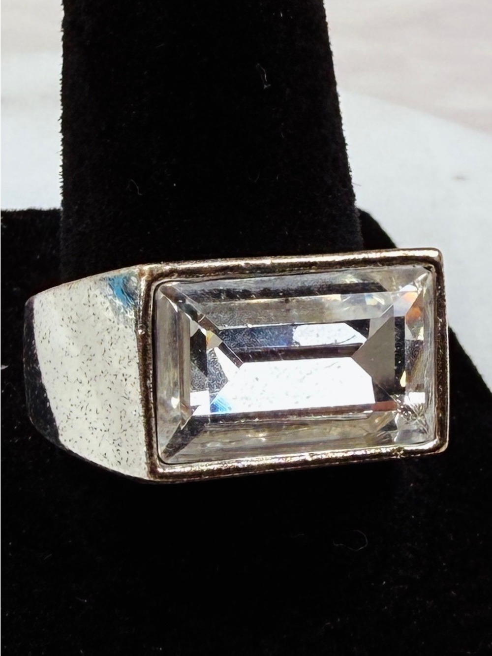Vintage Silvertone Rectangular Clear Statement Ring Size 8 3/4